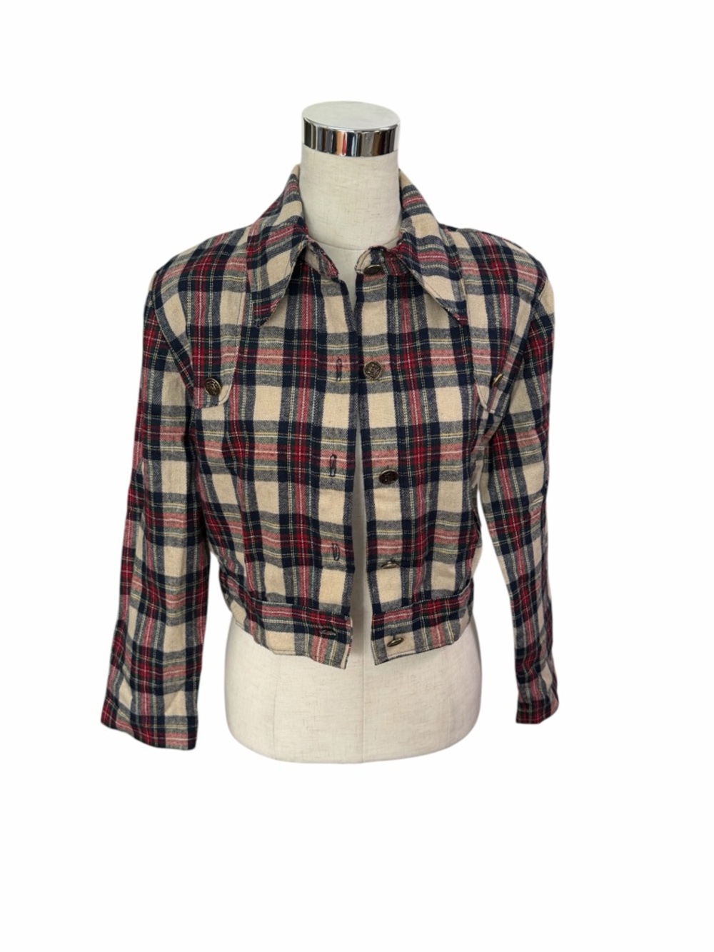 HAND CRAFTED Wool Plaid Jacket Long Sleeve Button Down Collared Jacket
